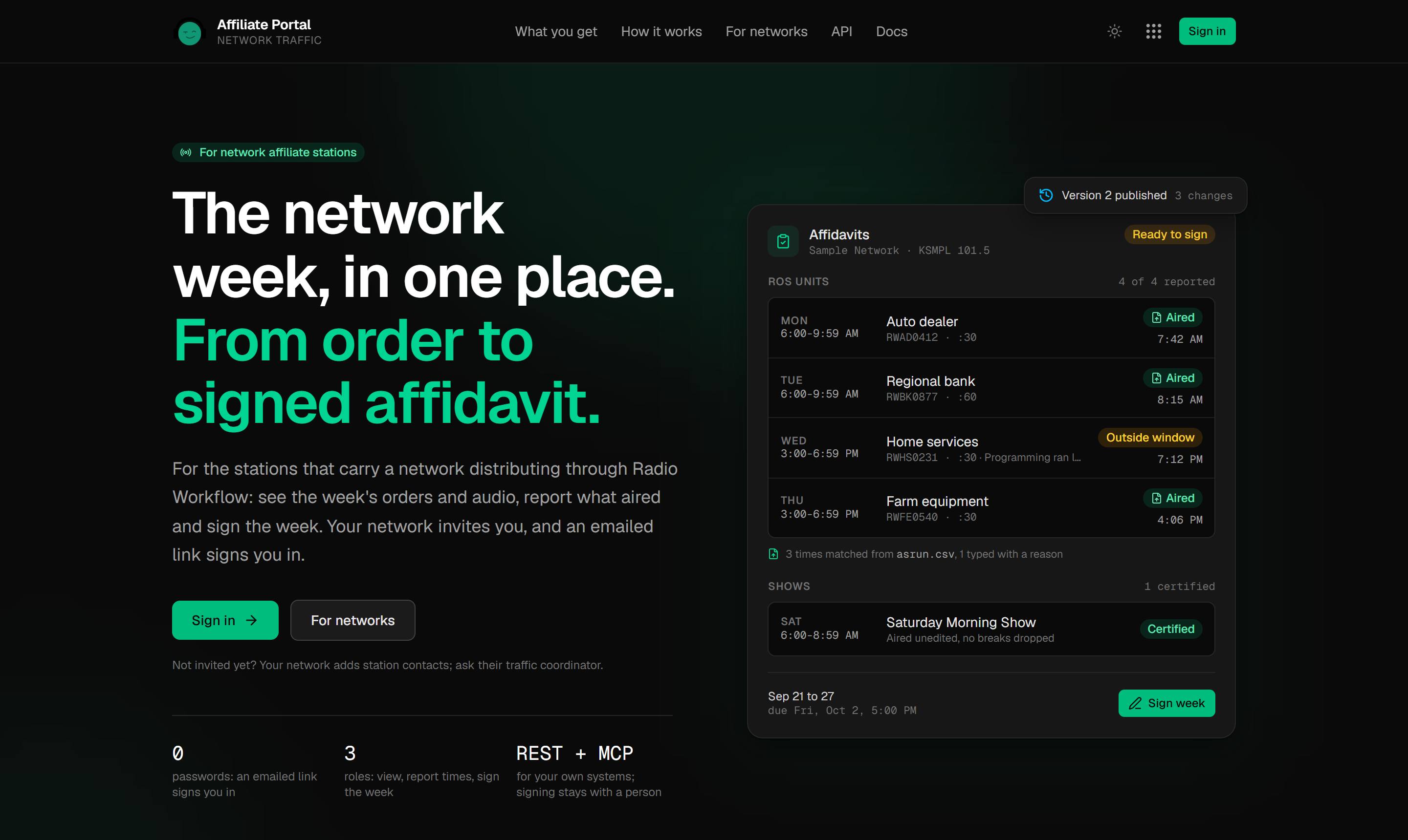 The top of the Affiliate Portal home page at affiliates.radioworkflow.com