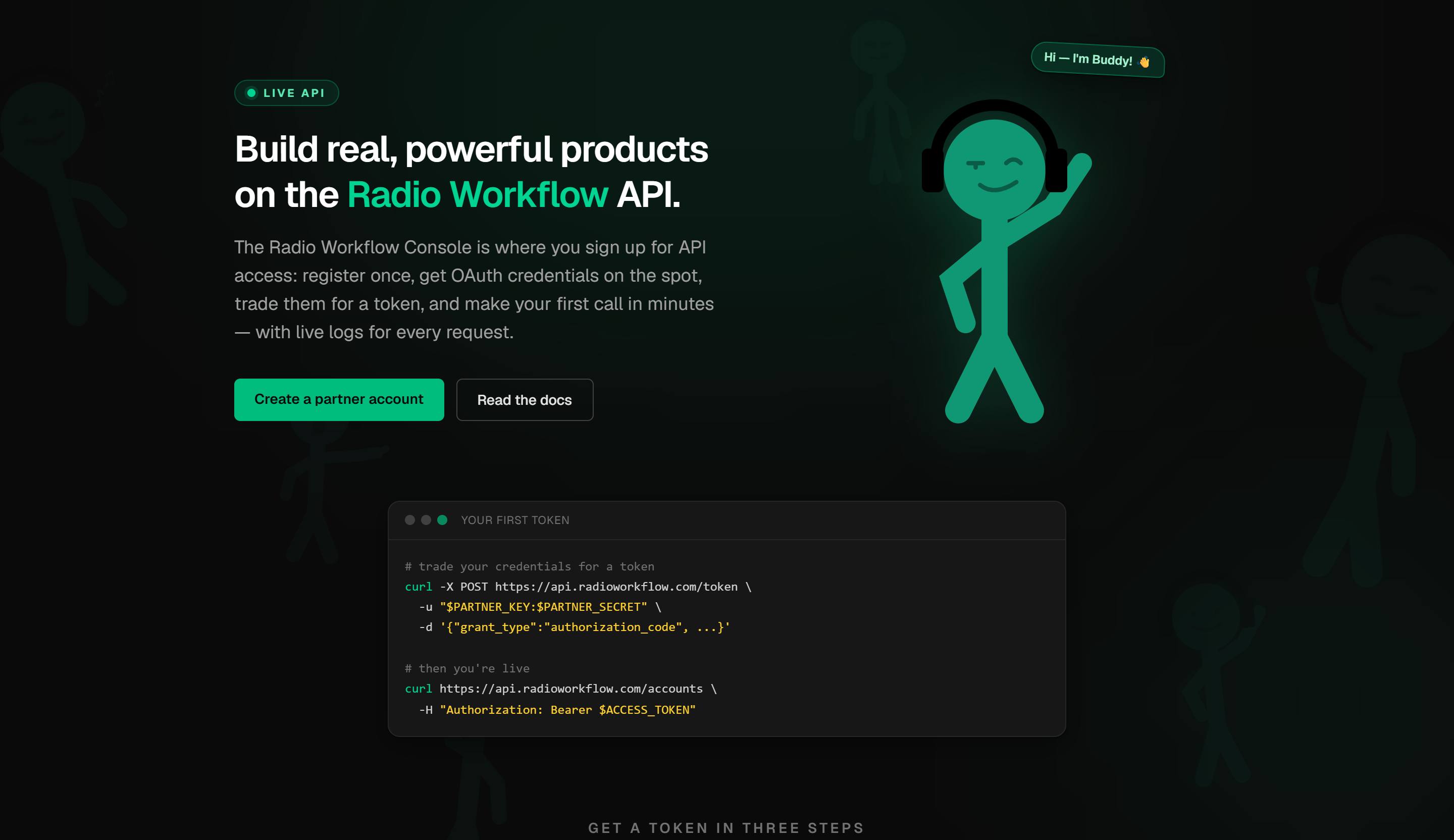 The top of the API Console home page at console.radioworkflow.com