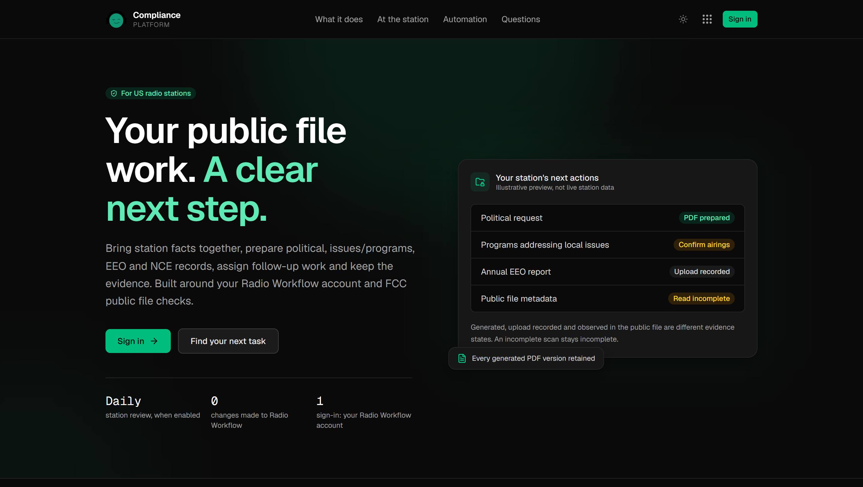 The top of the Compliance home page at compliancebuddy.radioworkflow.com