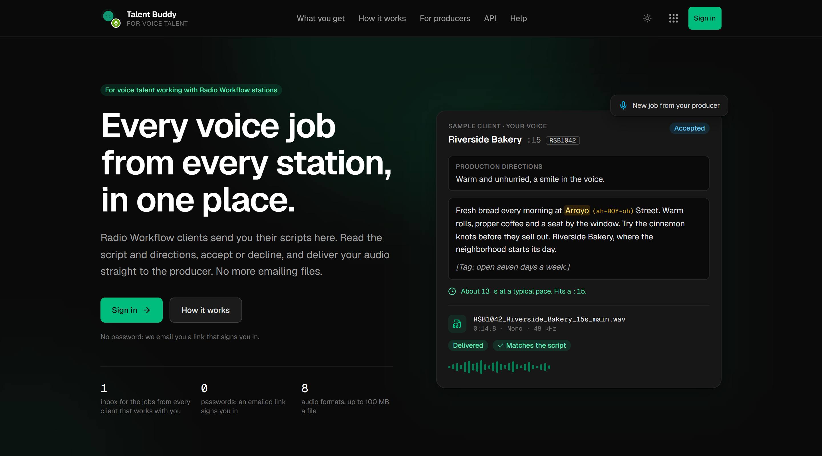 The top of the Talent Buddy home page at talent.radioworkflow.com